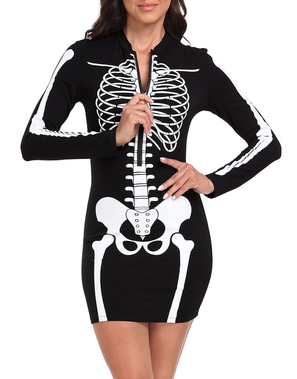 5999 Skeleton Dress Spooky Long Sleeve Bones Mini Dress Halloween Party